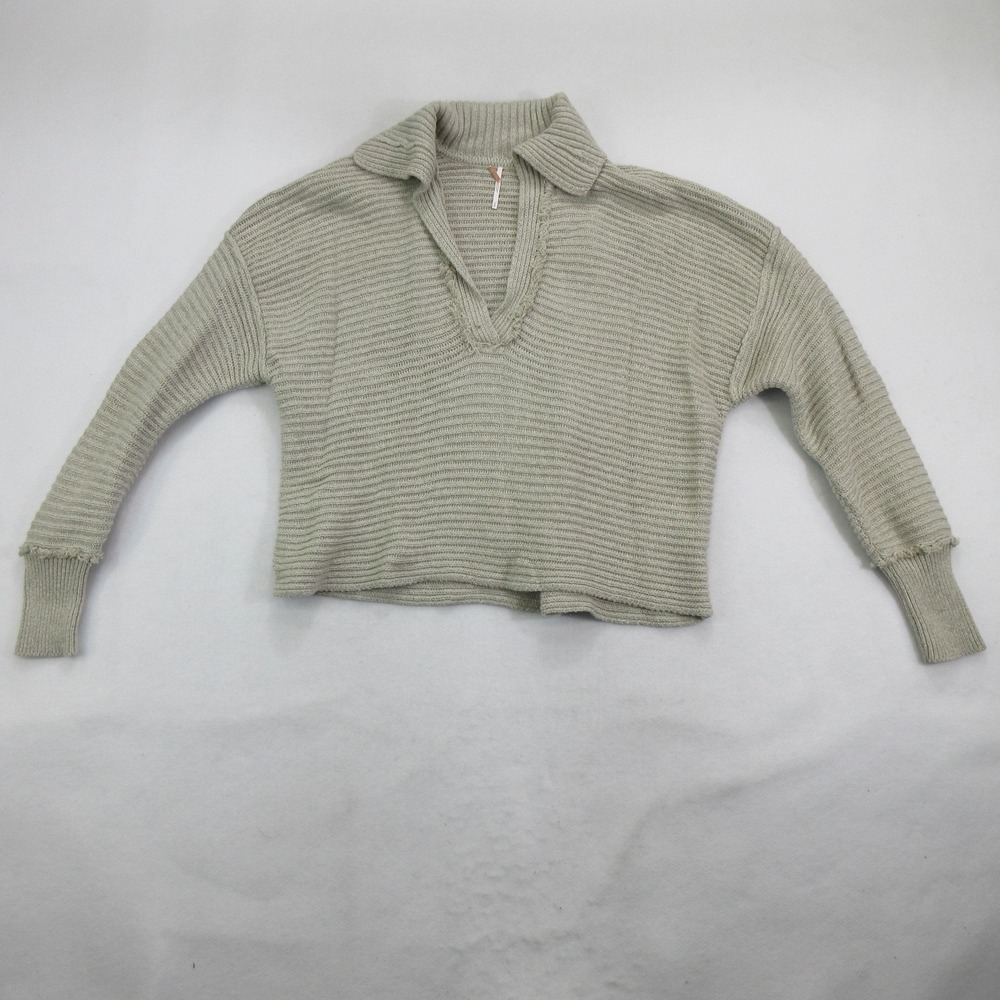 Free People Women Sweater M Collared V-Neck Ribbed Knit Pullover Cotton Blend